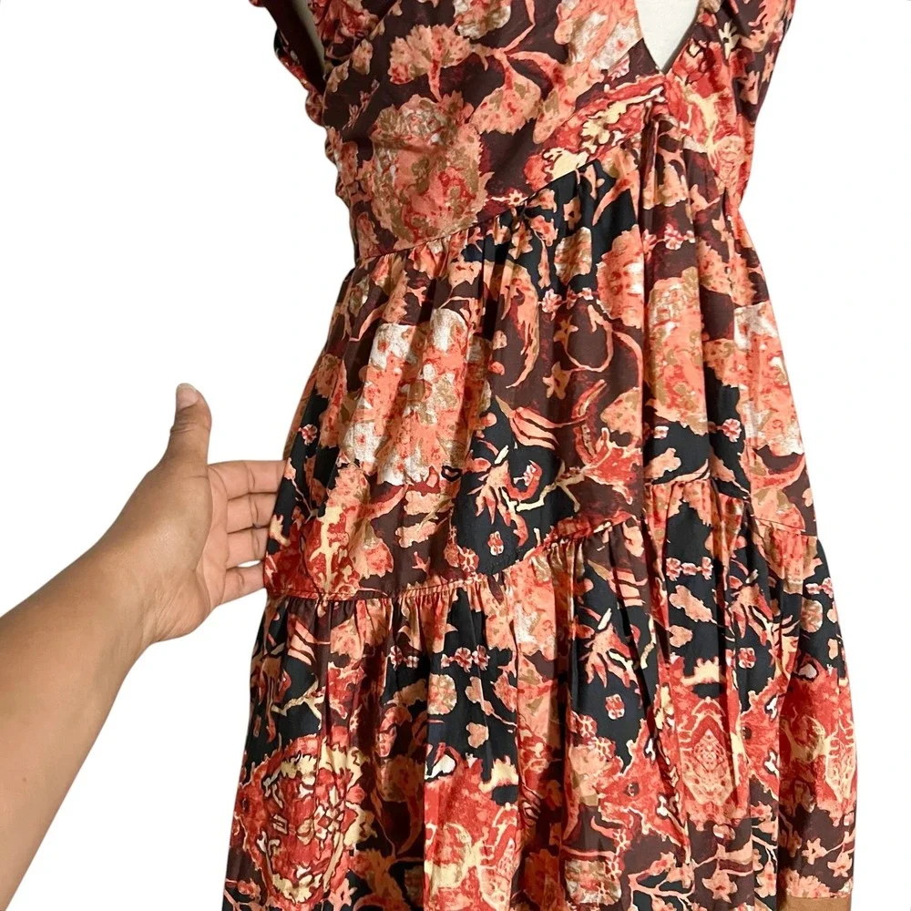 Anthropologie Printed V-Neck Babydoll Dress Size 4 Red Motif NEW‎